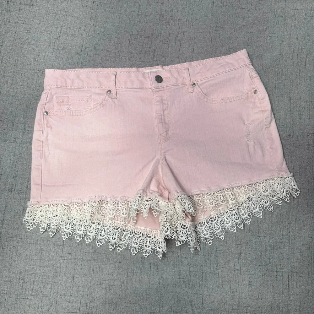 Jessica Simpson Pink Nomad Distressed Jean Shorts with Lace Crochet Trim 31